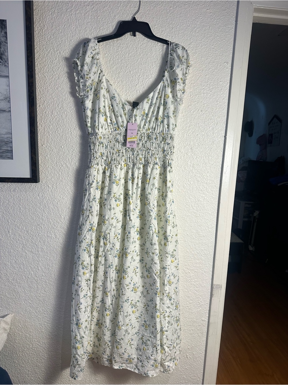 wild fable White Floral Midi Dress with Yellow Accents wrinkly